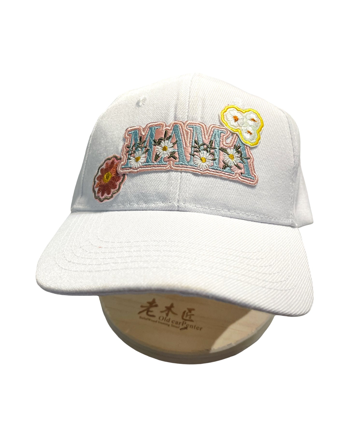 White Baseball Hat with Embroidered 'Mama' and Flower Patches
