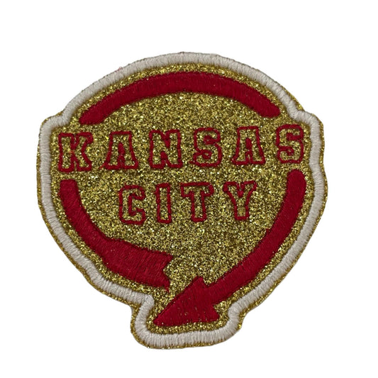 Kansas City iron-on patch in retro Western Auto design with Chiefs colors.