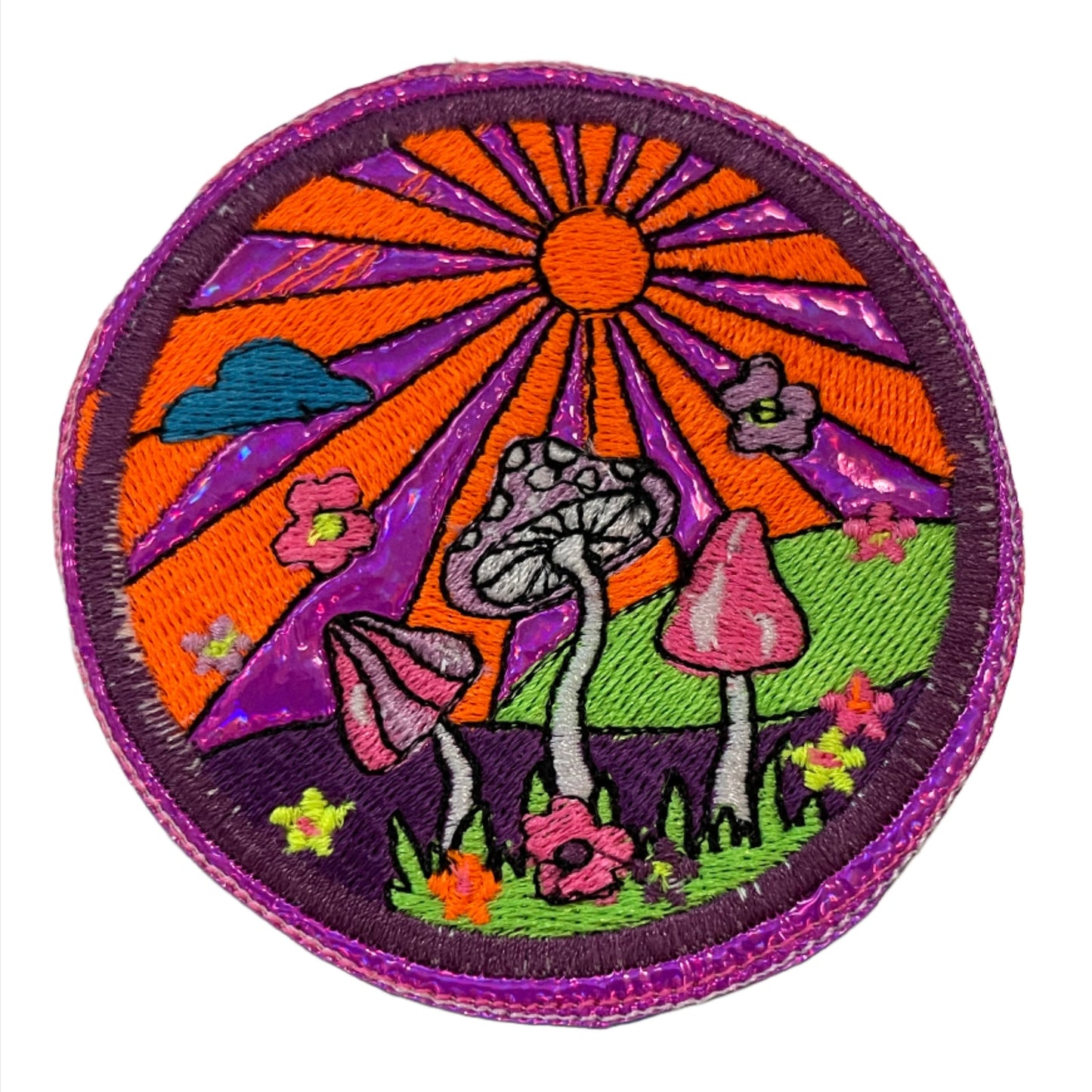 Handmade Mushroom Sunset Neon Iron-On Patch | Purple Holographic