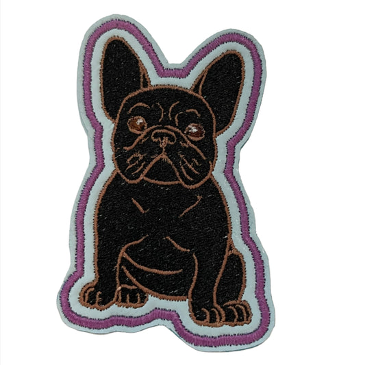 Black Frenchie patch with tan outlines and light blue vinyl.