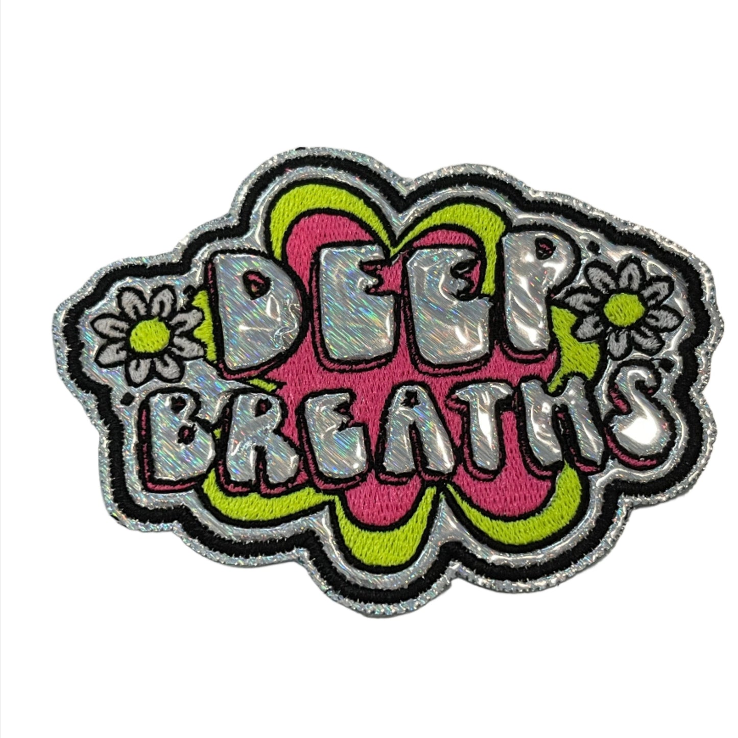 Handmade neon iron-on patch with neon pink, neon yellow, white flowers, silver holographic accents.