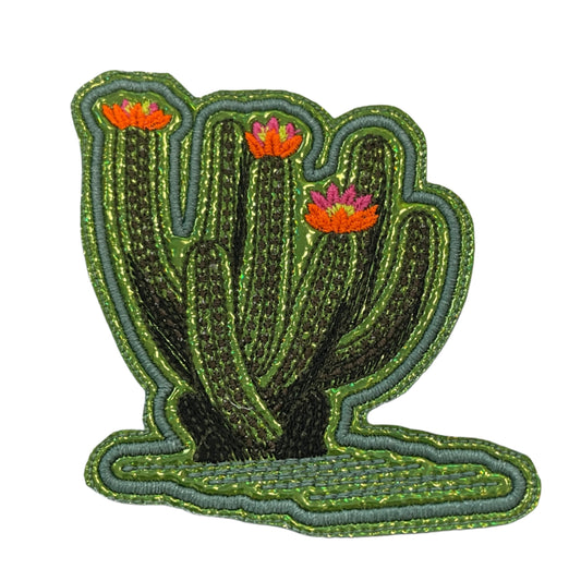Handmade Large Leggy Cactus with Flowers Iron-On Patch | Neon Pink, Neon Yellow, Neon Orange, Green Metallic Vinyl, Aqua Outline