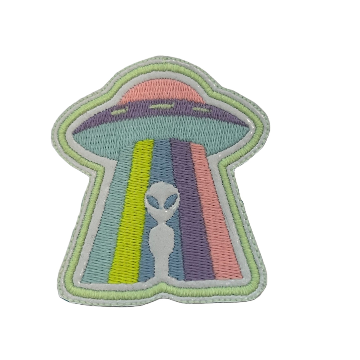 Alien Space Needle iron-on patch featuring retro Space Needle design with rainbow beam and alien.