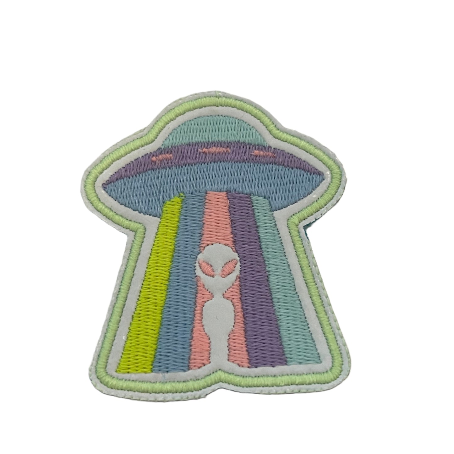 Glow-in-the-dark alien space needle iron-on patch with rainbow beam.