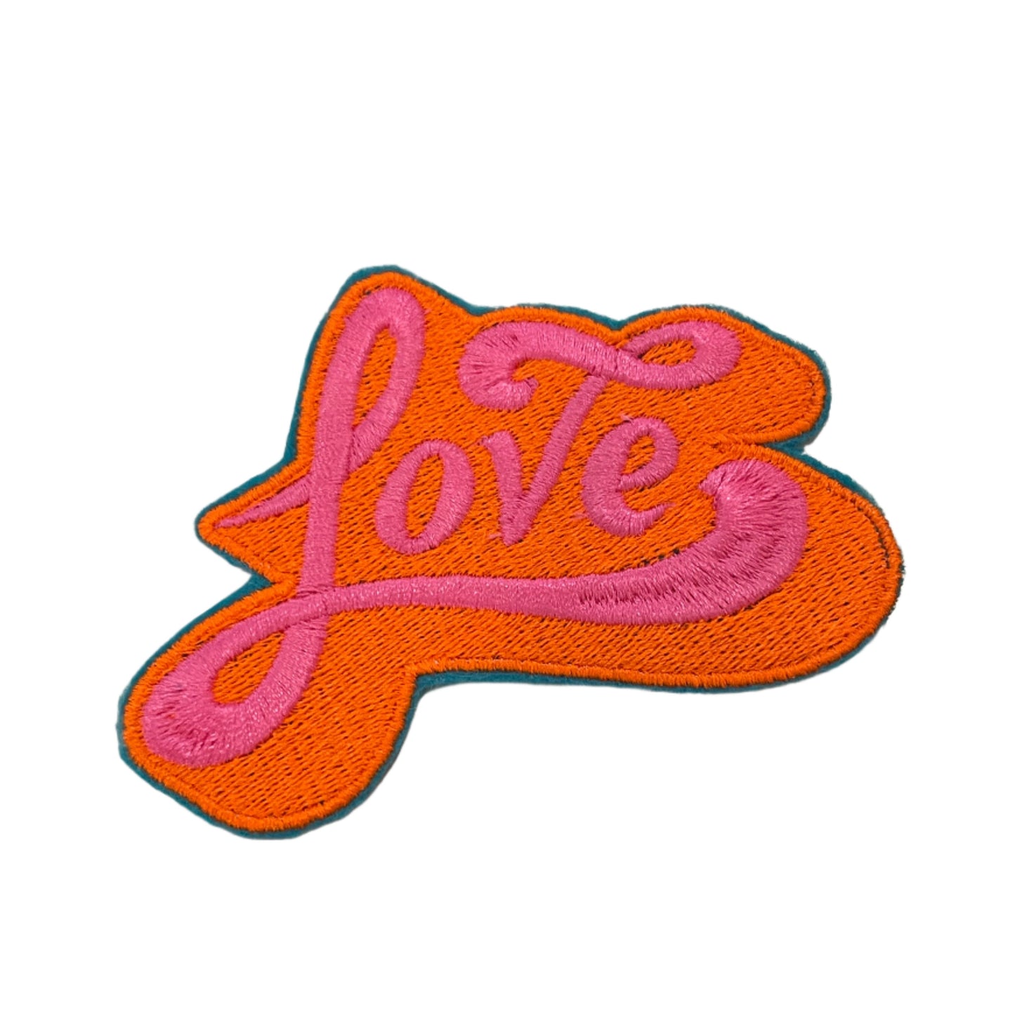 Handmade Love Iron-On Patch | Neon Pink on Bold Orange with Aqua Outline