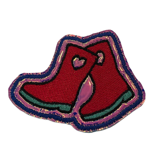 Colorful galoshes embroidered patch with vibrant design for custom trucker hats and accessories.