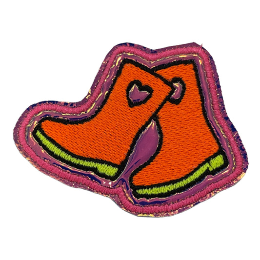 Colorful rain boots embroidered patch for custom trucker hats.