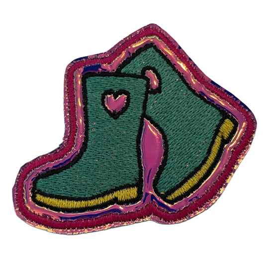 Quirky rain boots embroidered patch for custom trucker hats.