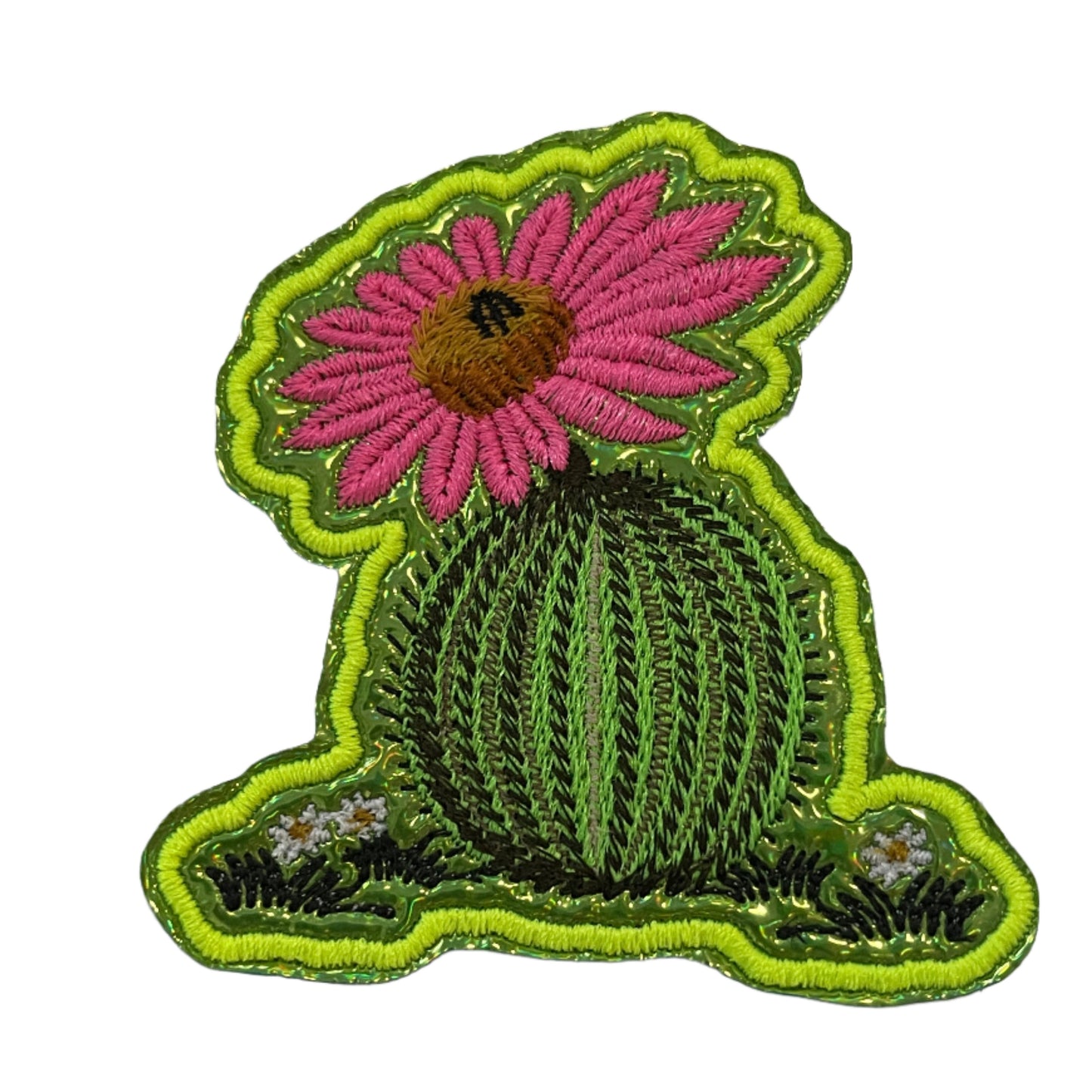 Handmade cactus patch with pink flower, neon yellow outline, green embroidery.