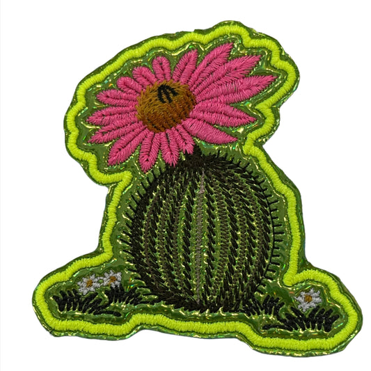 Handmade Cactus with Pink Flower Iron-On Patch | Neon Yellow Outline, Green Embroidery