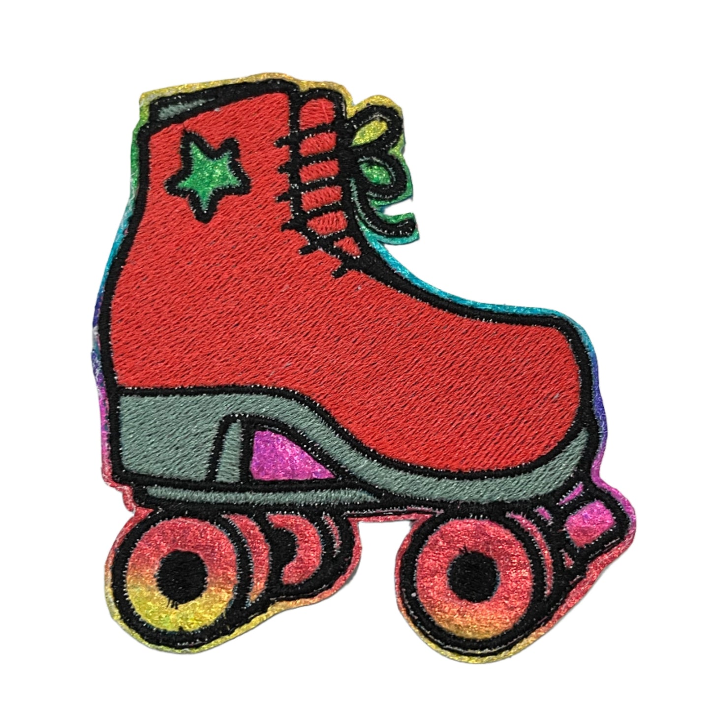 Handmade retro roller skate iron-on patch in bright orange, neon green star, green laces, and pink details.