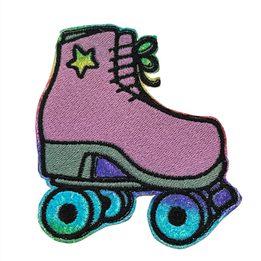 Handmade Retro Roller Skate Iron-On Patch - Vintage Lavender and Teal Holographic