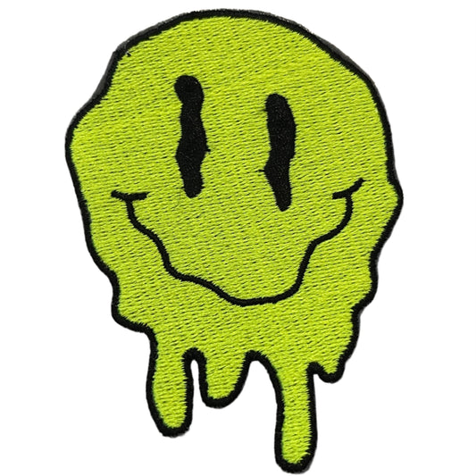 Melting smiley face iron-on patch in bright yellow with an edgy retro style design.