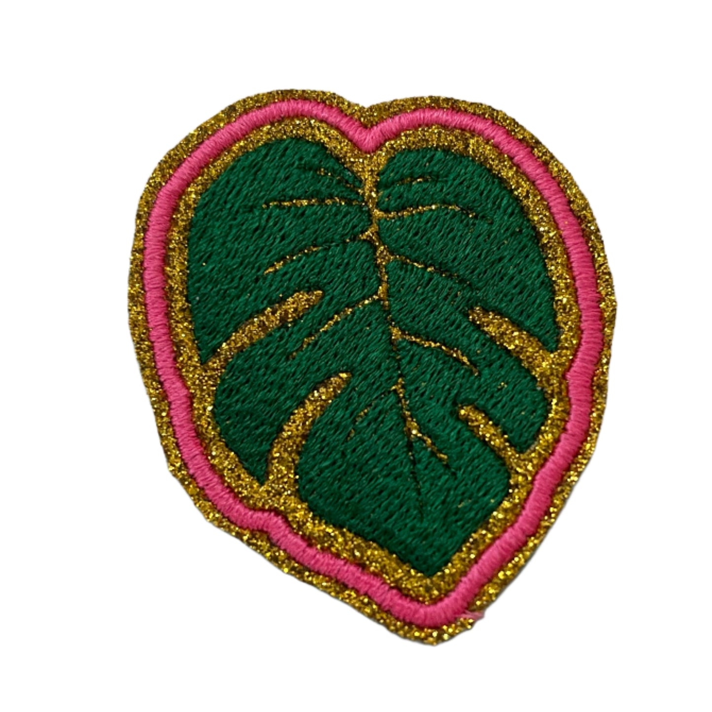 Vibrant Monstera Leaf embroidered patch for custom trucker hats and accessories.