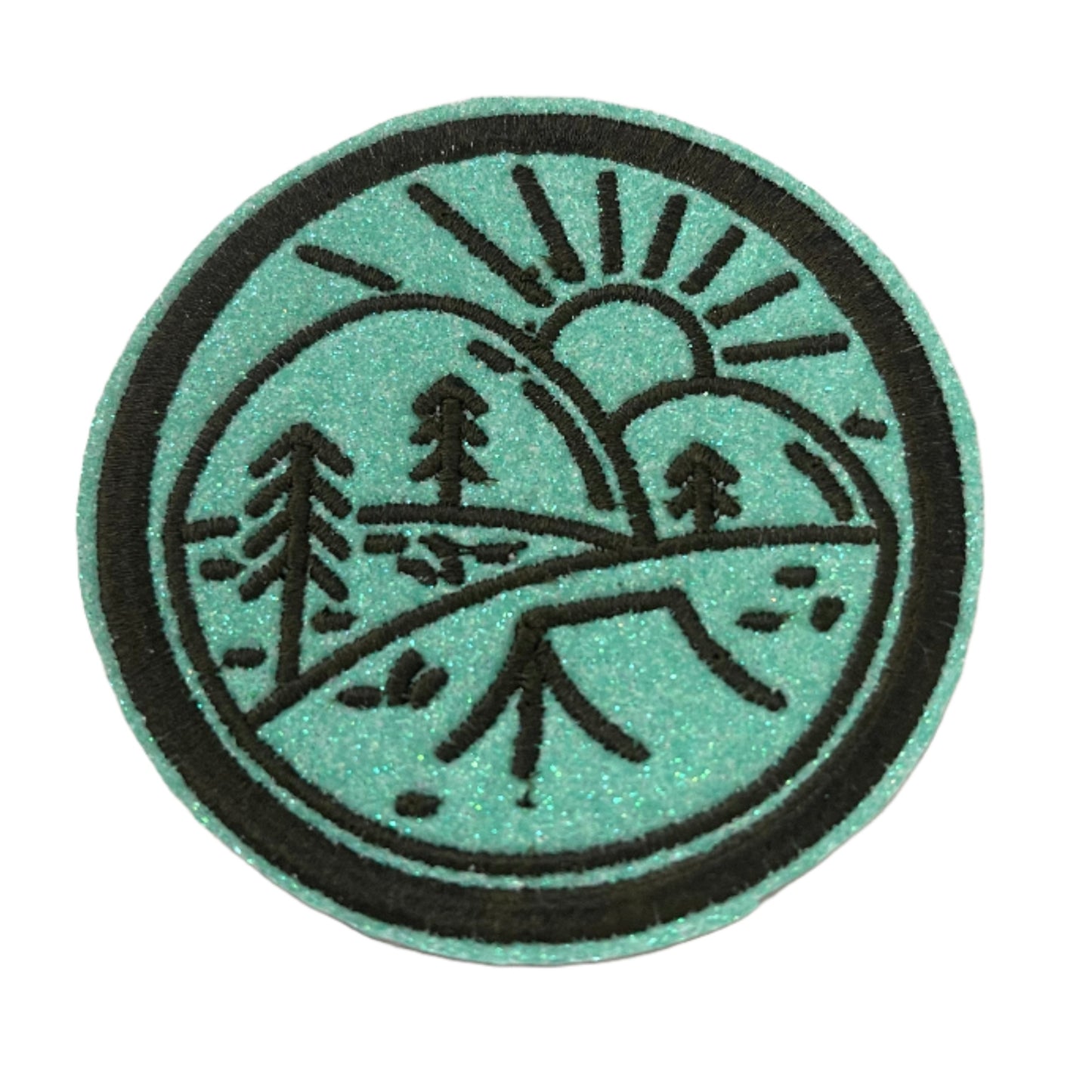 Handmade Nature Scene Iron-On Patch | Mint Green Background, Black Embroidery