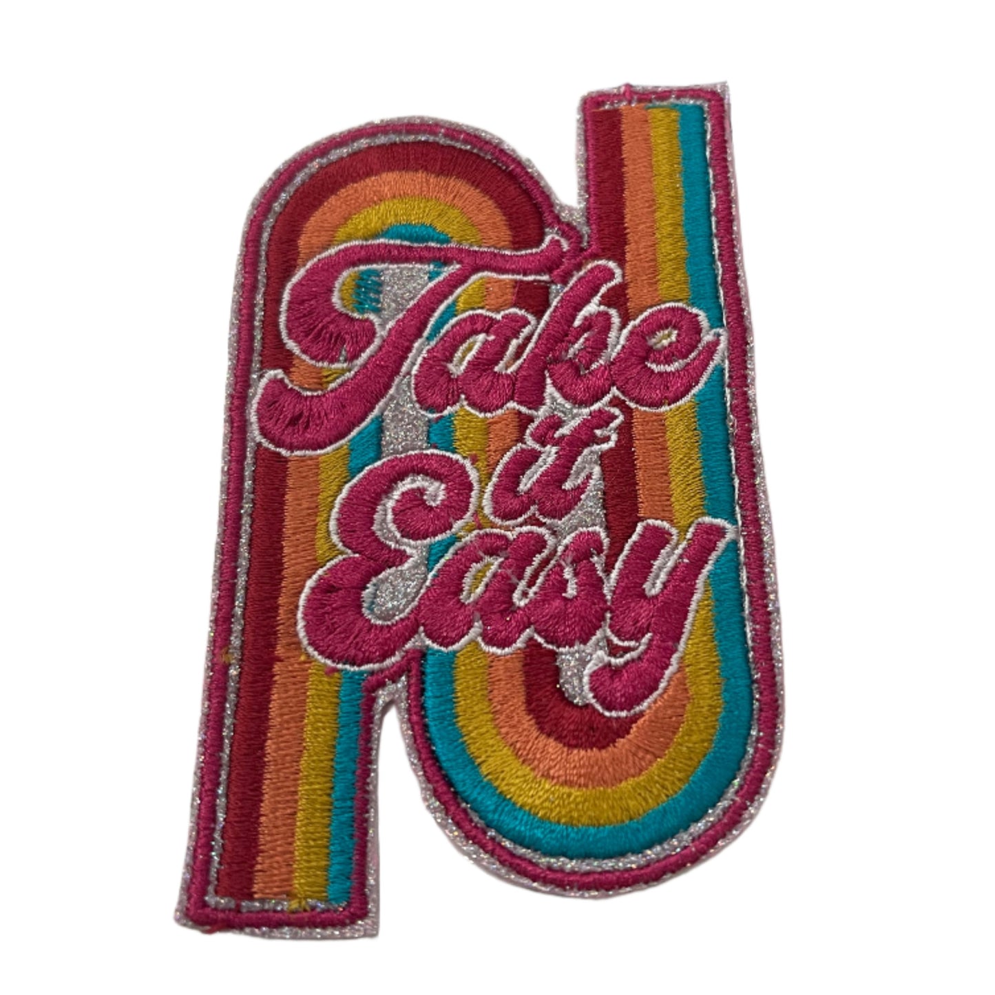 Handmade Take it Easy Iron-On Patch | Rainbow Glitter, Light Silver