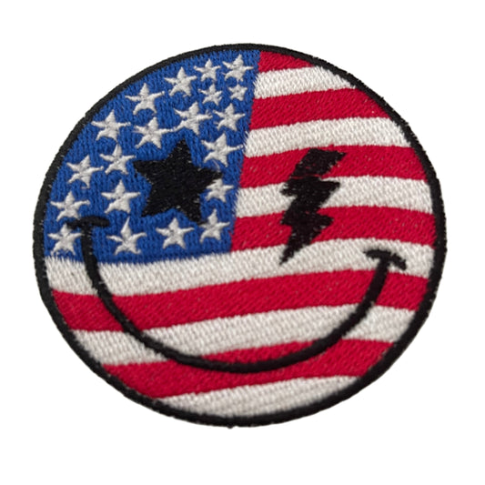 Patriotic Smiley Face Iron-On Patch - Bold and Fun Retro Style