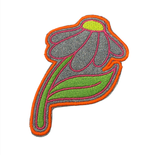 Handmade Whimsical Daisy Flower Iron-On Patch | Glittery Silver, Neon Green, and Orange