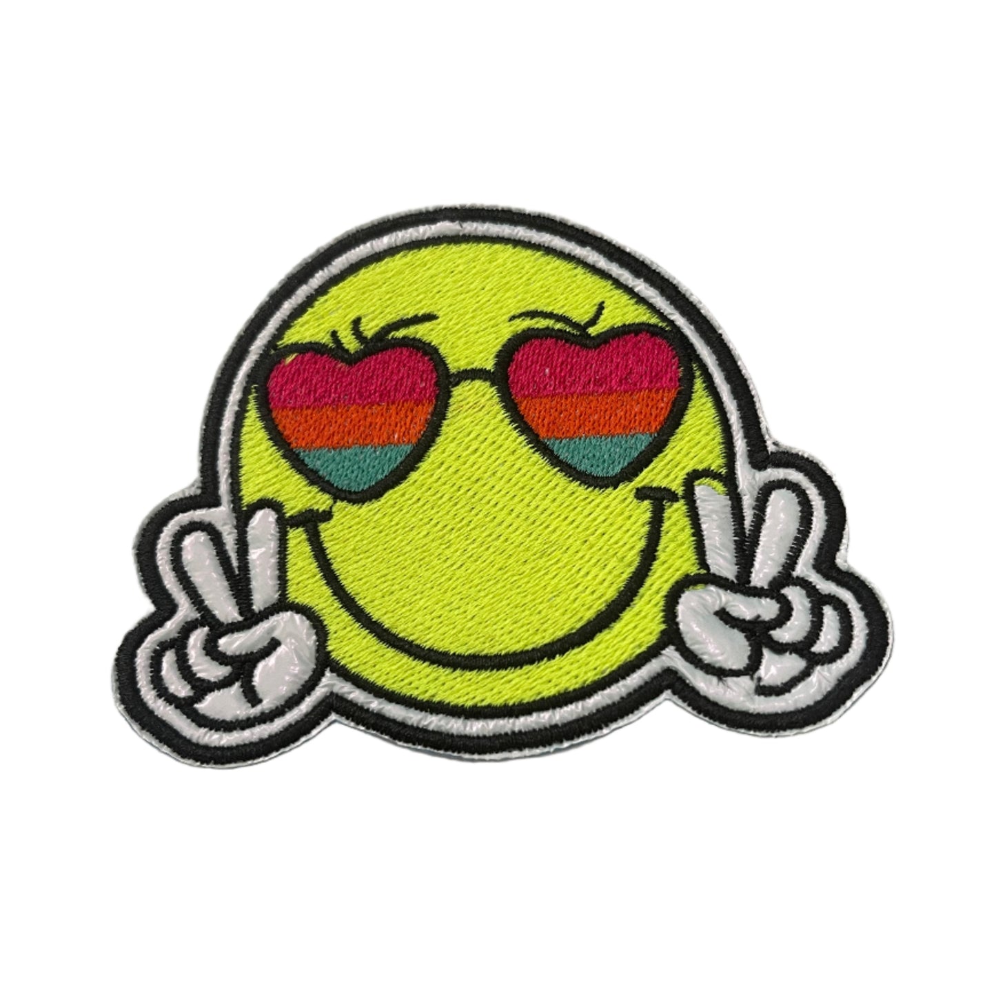 Handmade Peace Sign Smiley Iron-On Patch | Rainbow Heart Sunglasses, Yellow Smiley Face