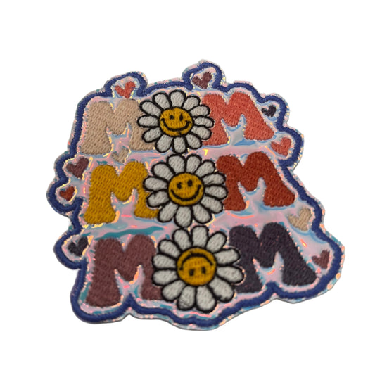 Handmade MAMA Iron-On Patch | Multicolor Letters, Smiling Daisies, Dark Blue Outline