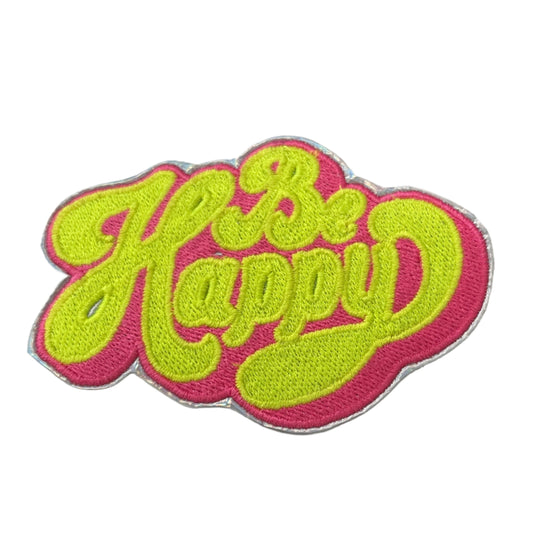 Handmade Be Happy Iron-On Patch | Neon Yellow on Neon Pink, Holographic Silver