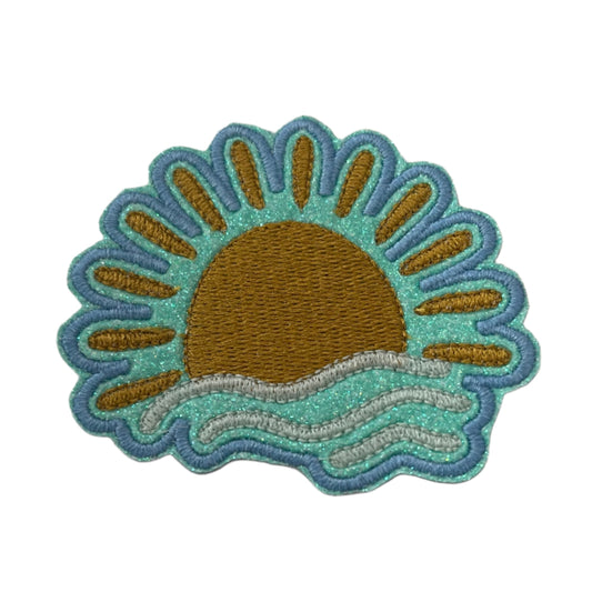 Handmade Sunset Over Ocean Iron-On Patch | Copper Metallic, Turquoise, and Teal Embroidery