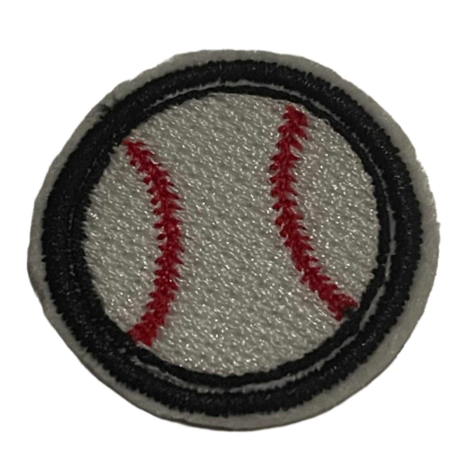 Close-up of a baseball embroidered patch with red stitching, perfect for customizing hats and other accessories.