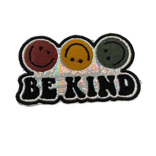 Handmade Be Kind Iron-On Patch | Red, Yellow, Orange, Green Smiley Faces on Holographic Silver