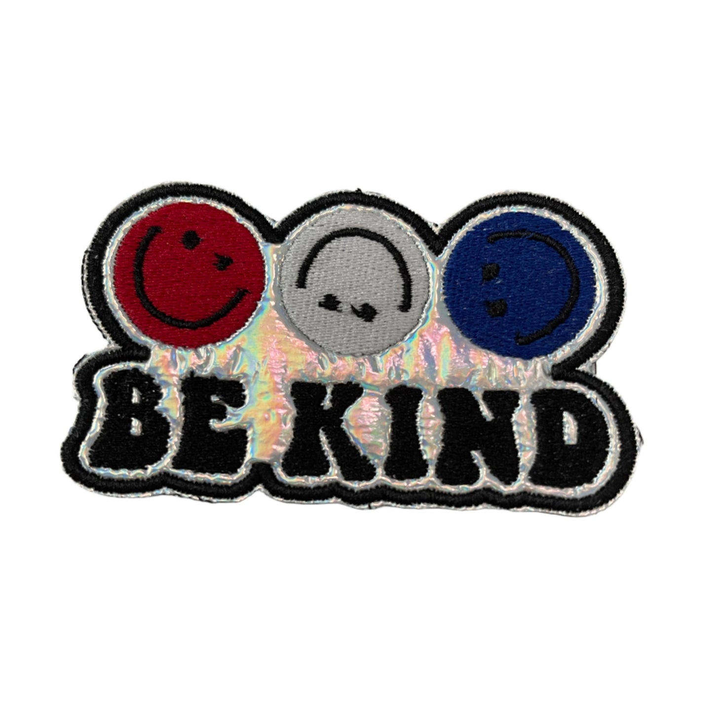 Handmade Be Kind Iron-On Patch | Red, White, Blue Smiley Faces on Holographic Silver
