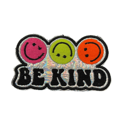 Handmade Be Kind Iron-On Patch | Neon Pink, Yellow, Orange Smiley Faces on Holographic Silver