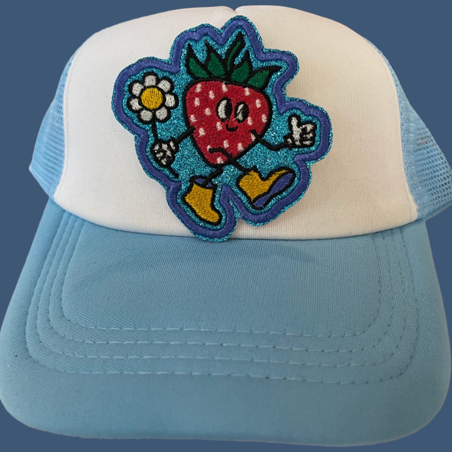 Handmade Strawberry in Galoshes Iron-On Patch | Red, Yellow, White Daisy, Blue Glitter Background