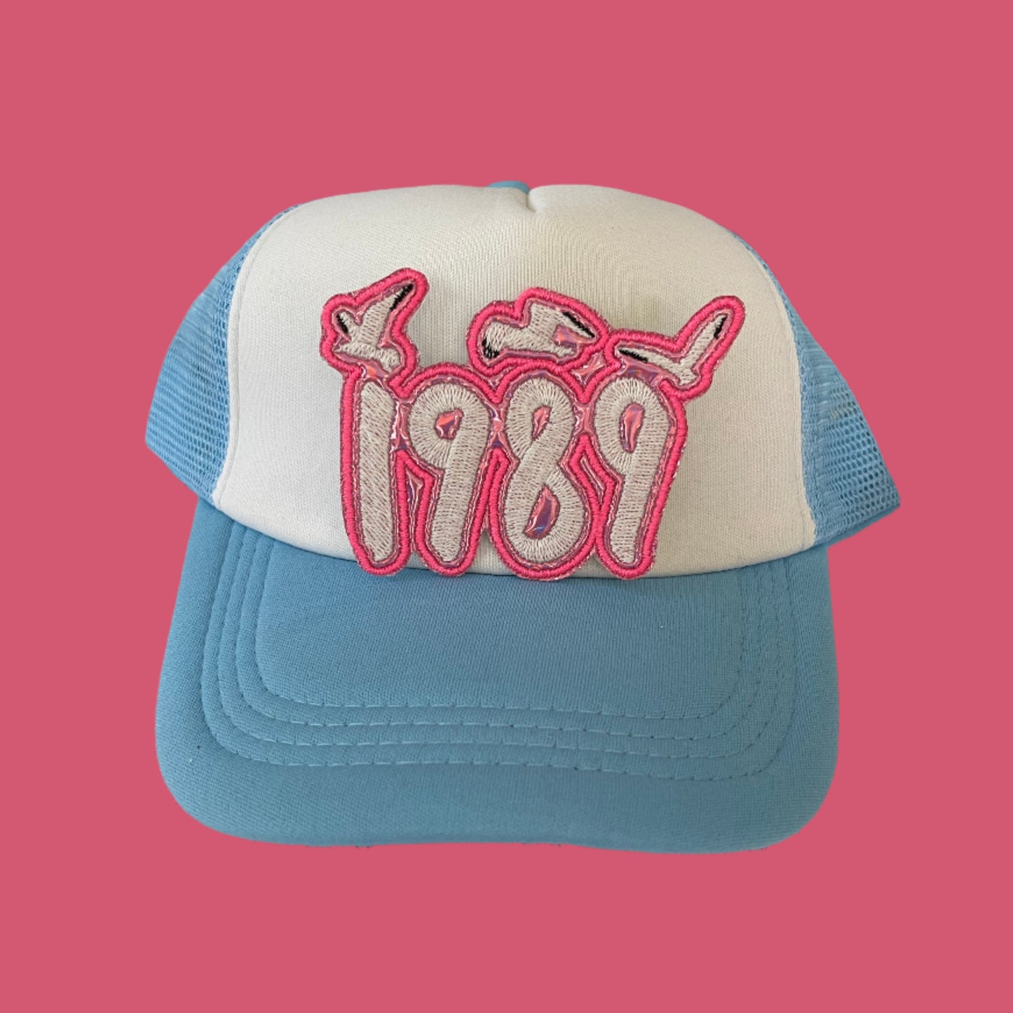 Handmade Taylor Swift inspired "1989" iron-on patch featuring bold pink and white numbers with a whimsical design.