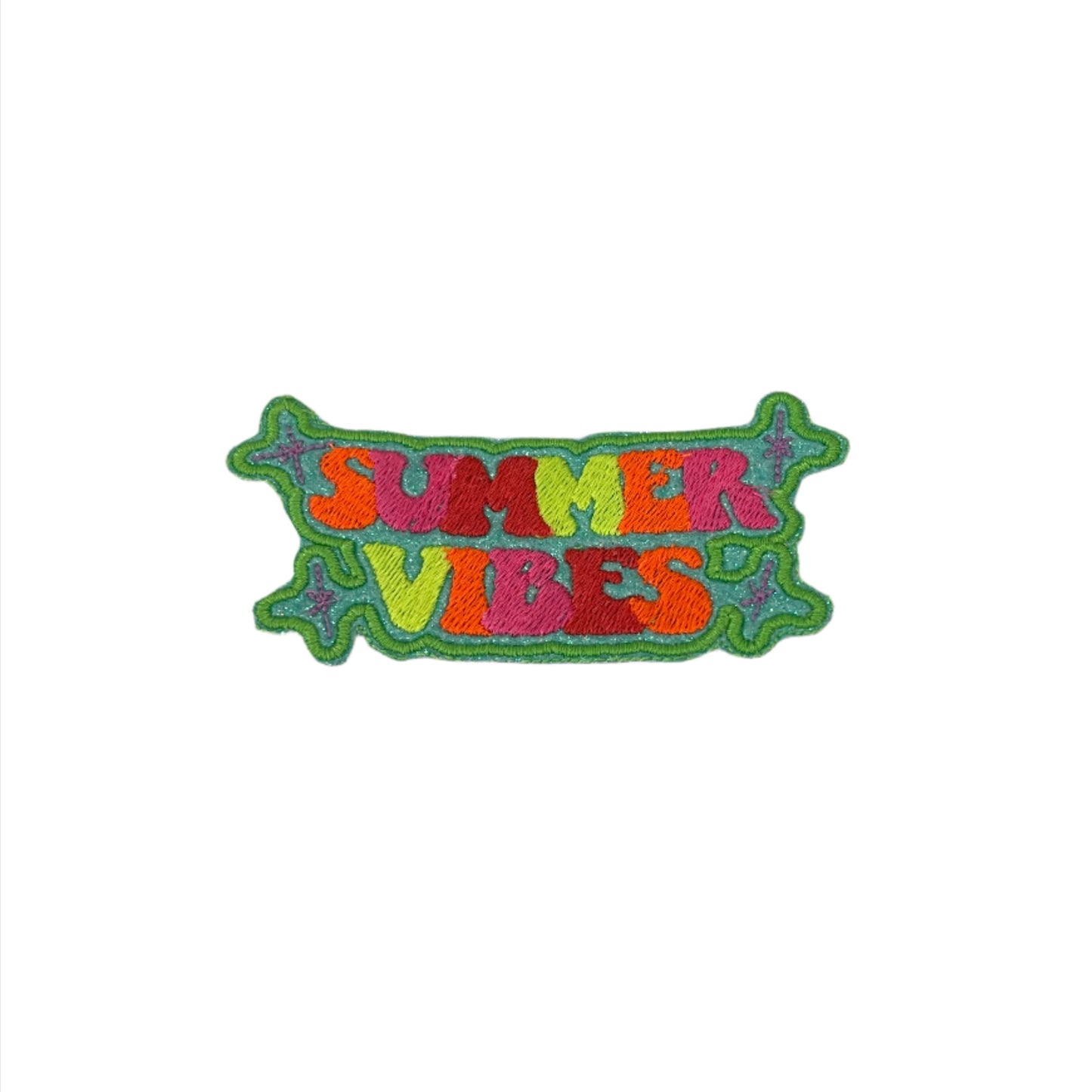 Bright and colorful "Summer Vibes" embroidered patch, perfect for customizing clothing and accessories.