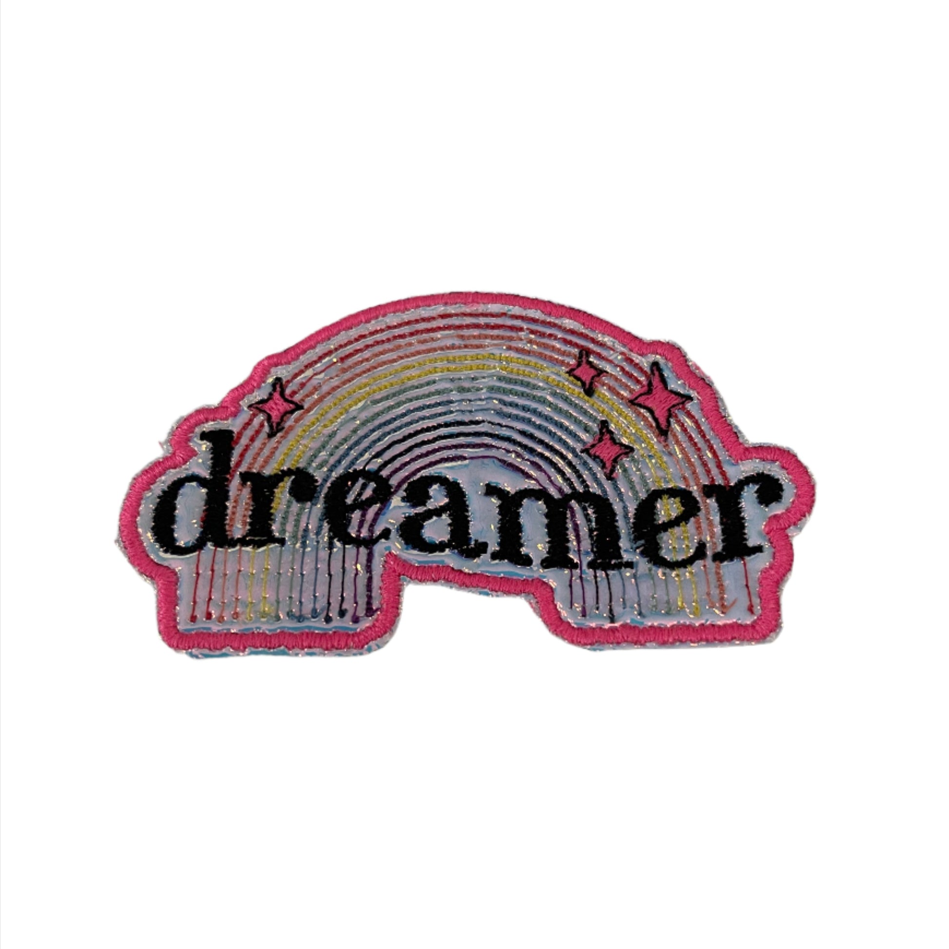 Dreamer embroidered patch featuring a colorful rainbow and whimsical stars, perfect for customizing clothing and accessories.