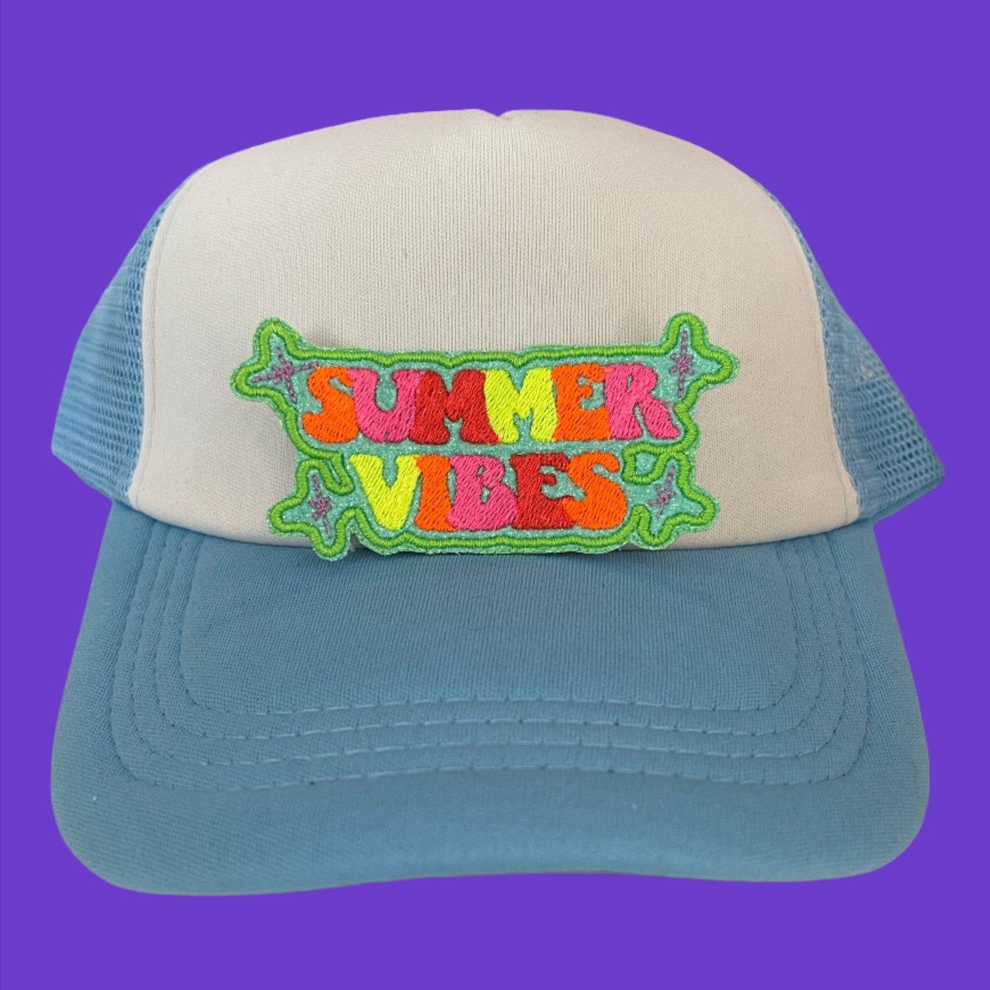 Bright and colorful "Summer Vibes" embroidered patch, perfect for customizing clothing and accessories.