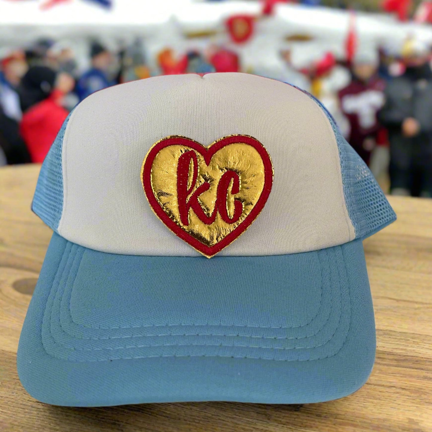 Heart KC iron-on patch in Kansas City Chiefs team colors, perfect for adding a touch of local pride to any apparel.