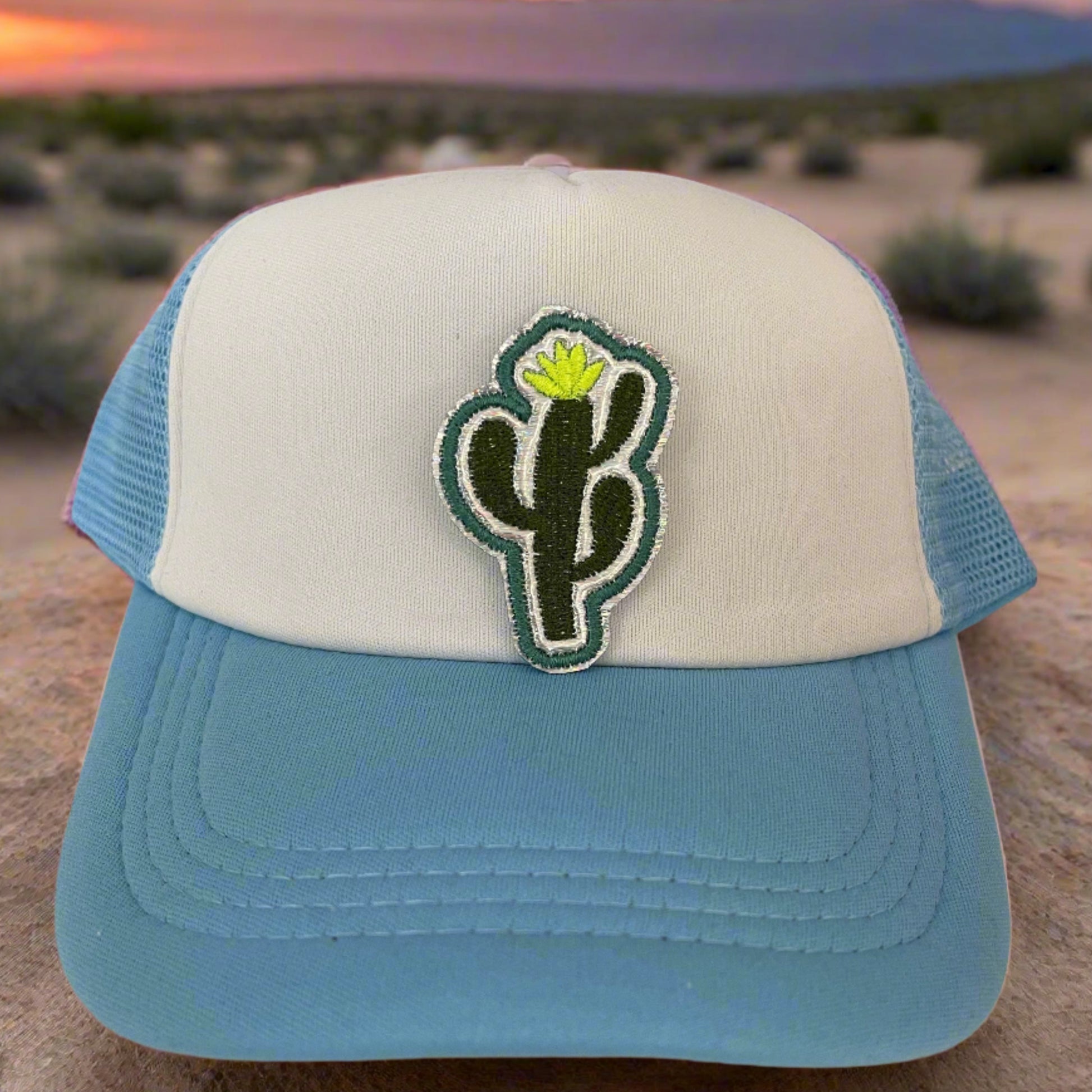 Close-up of a Cool Cactus embroidered patch featuring a stylish cactus design, perfect for customizing hats, apparel, and various accessories.