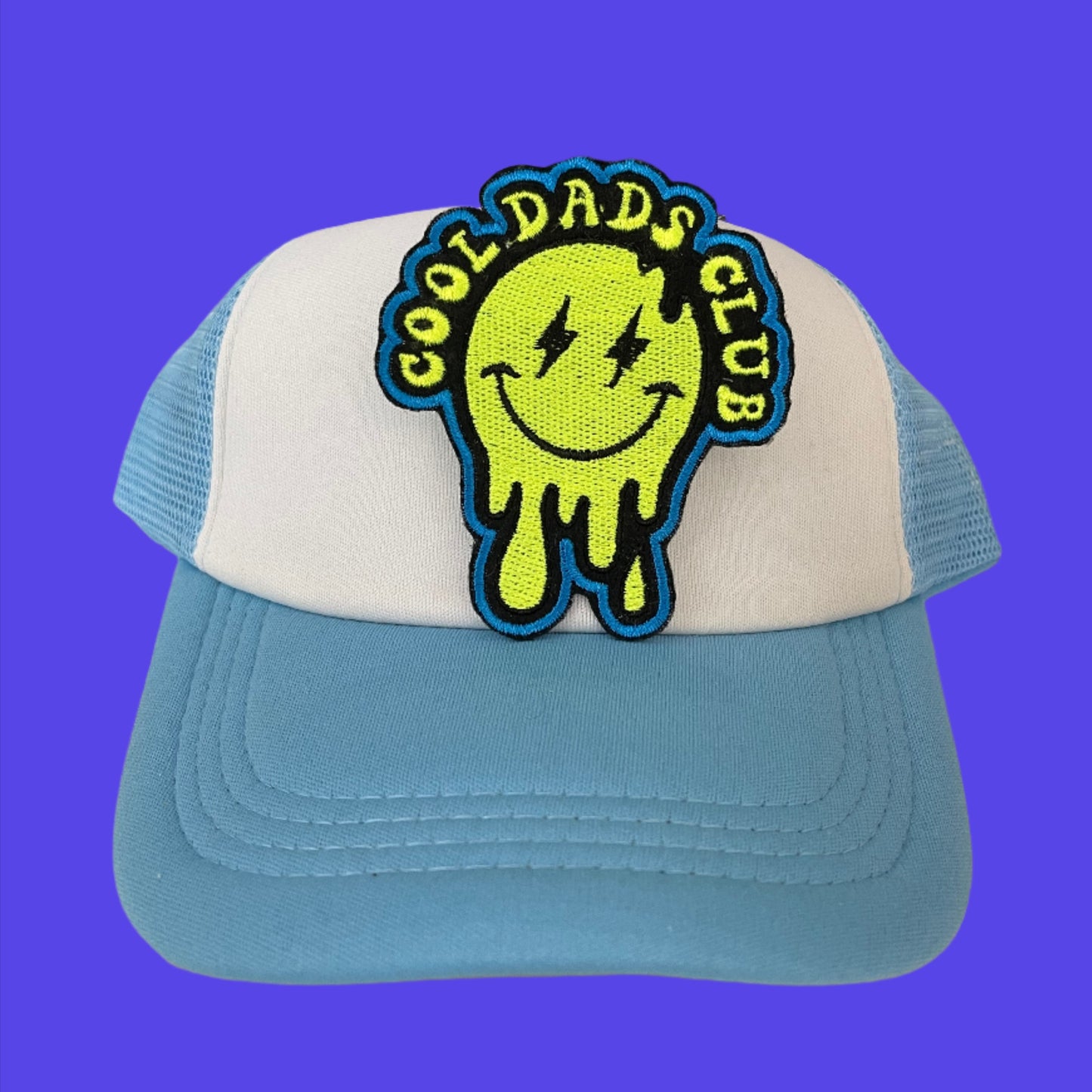 Cool Dads Club patch featuring a vibrant dripping smiley face design, perfect for customizing clothing and accessories.