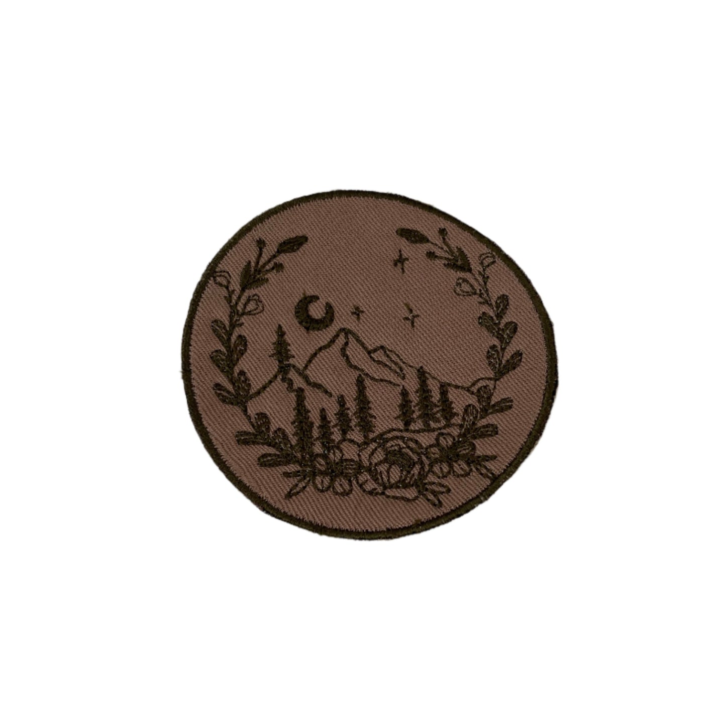 Mountain scene embroidered patch featuring a rustic design with mountains, trees, and a floral border, perfect for customizing clothing and accessories.