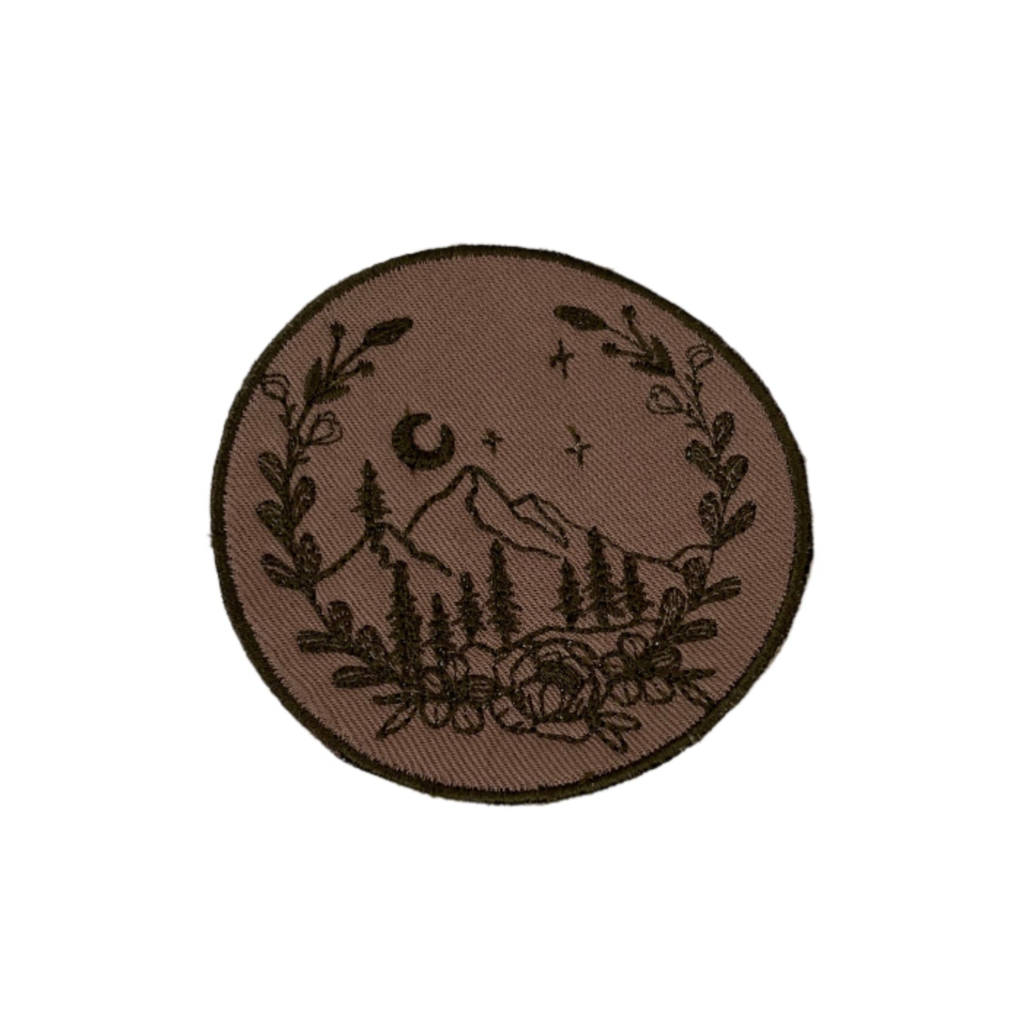 Mountain landscape embroidered patch featuring a moonlit scene with floral and leafy accents, perfect for customizing clothing and accessories.