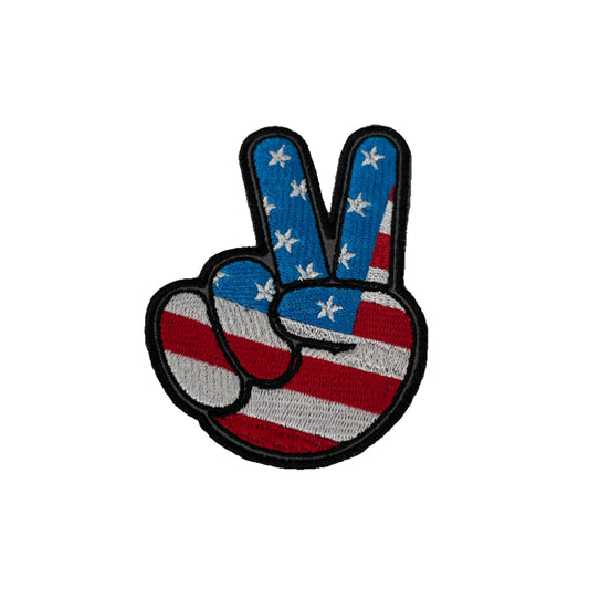 American flag peace sign patch with detailed embroidery, perfect for customizing clothing and accessories.