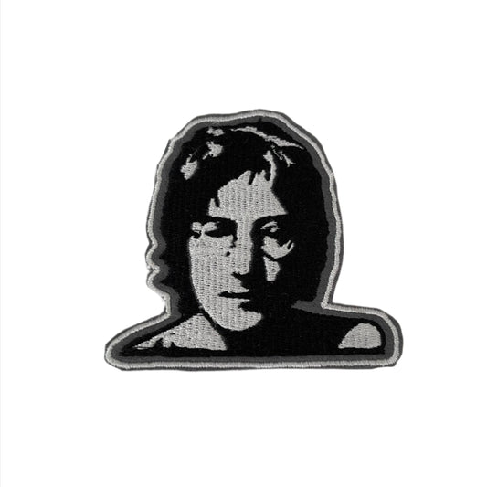 John Lennon embroidered patch featuring a detailed black and white design, perfect for customizing clothing and accessories.