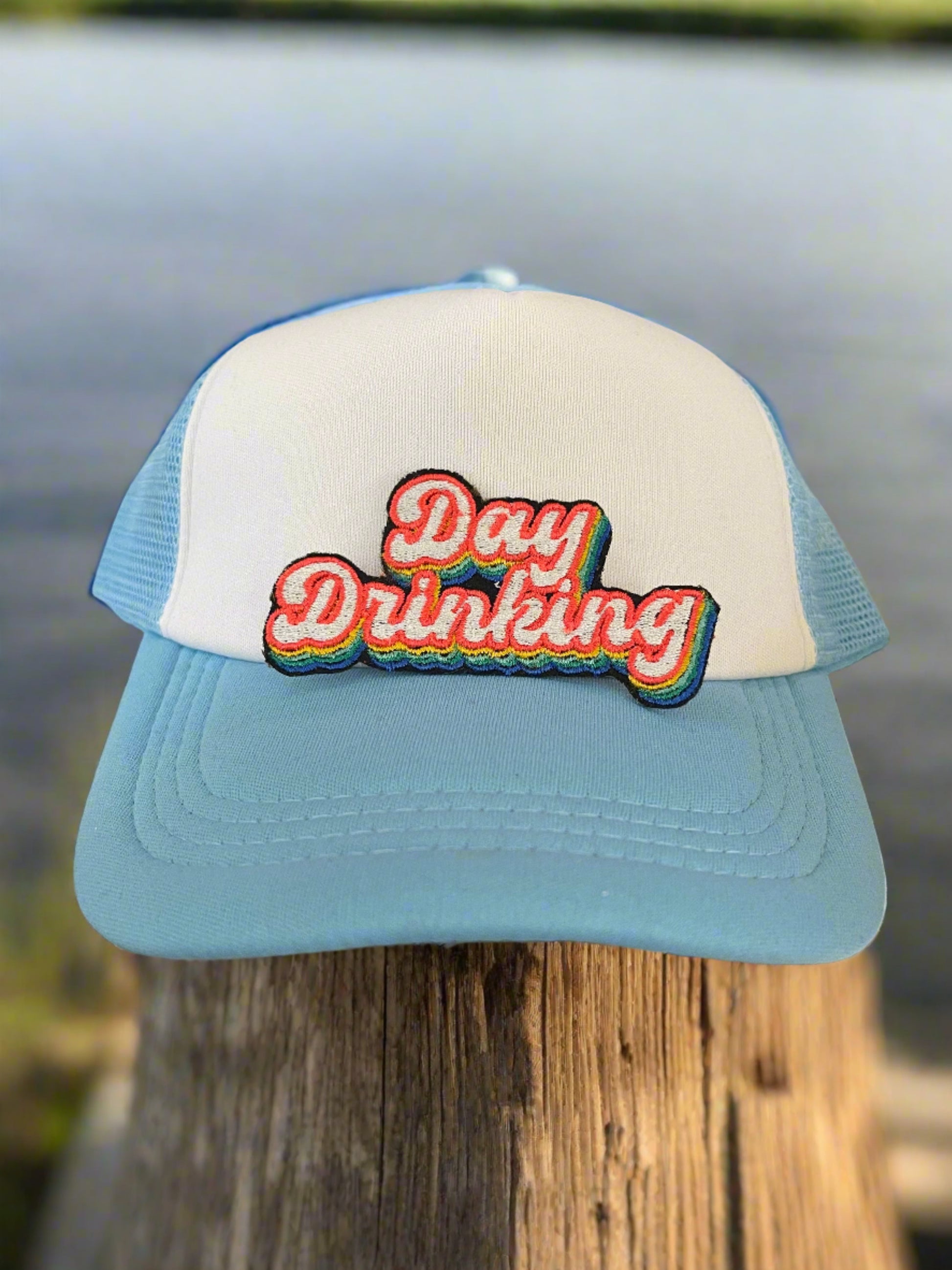 Colorful "Day Drinking" embroidered patch with a rainbow background, perfect for adding a fun touch to various accessories.