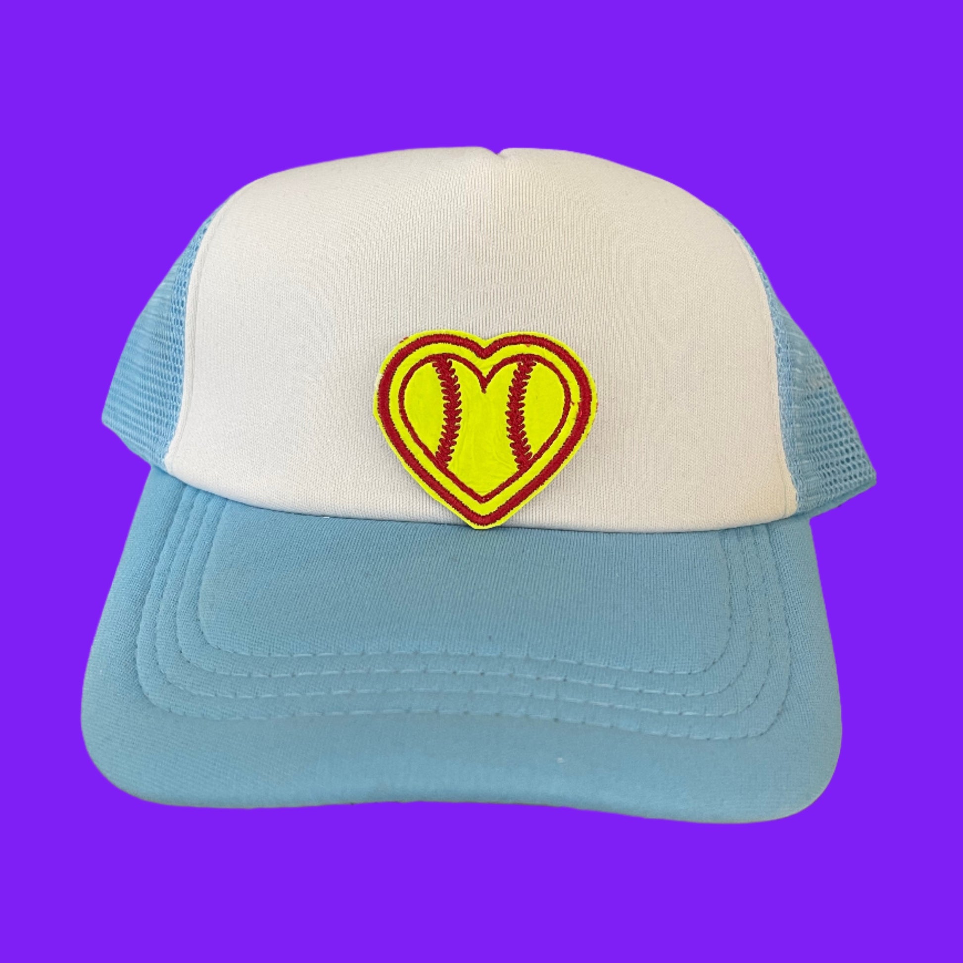 Bright yellow softball in a heart shape embroidered patch, ideal for adding a sporty yet loving touch to apparel and accessories.