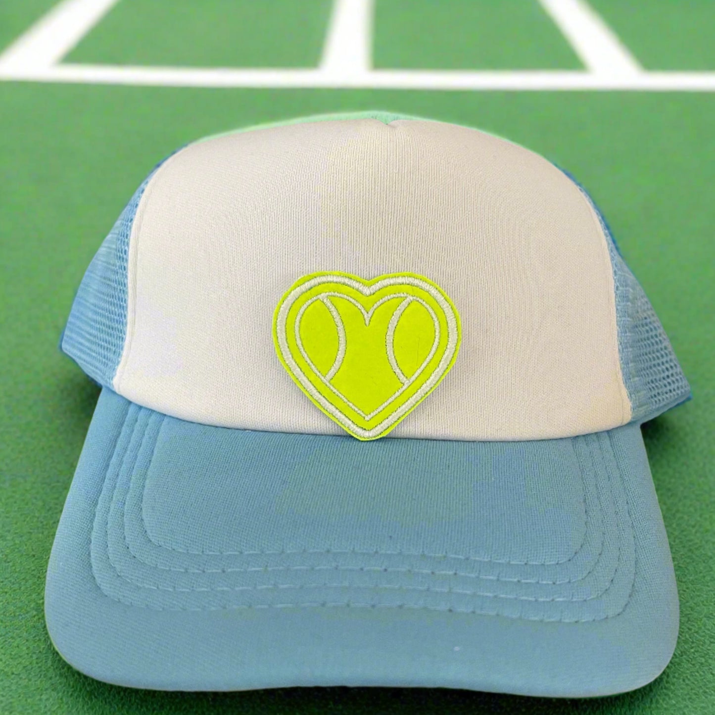 Neon tennis heart patch with bright colors, perfect for customizing hats, jackets, bags, and more.