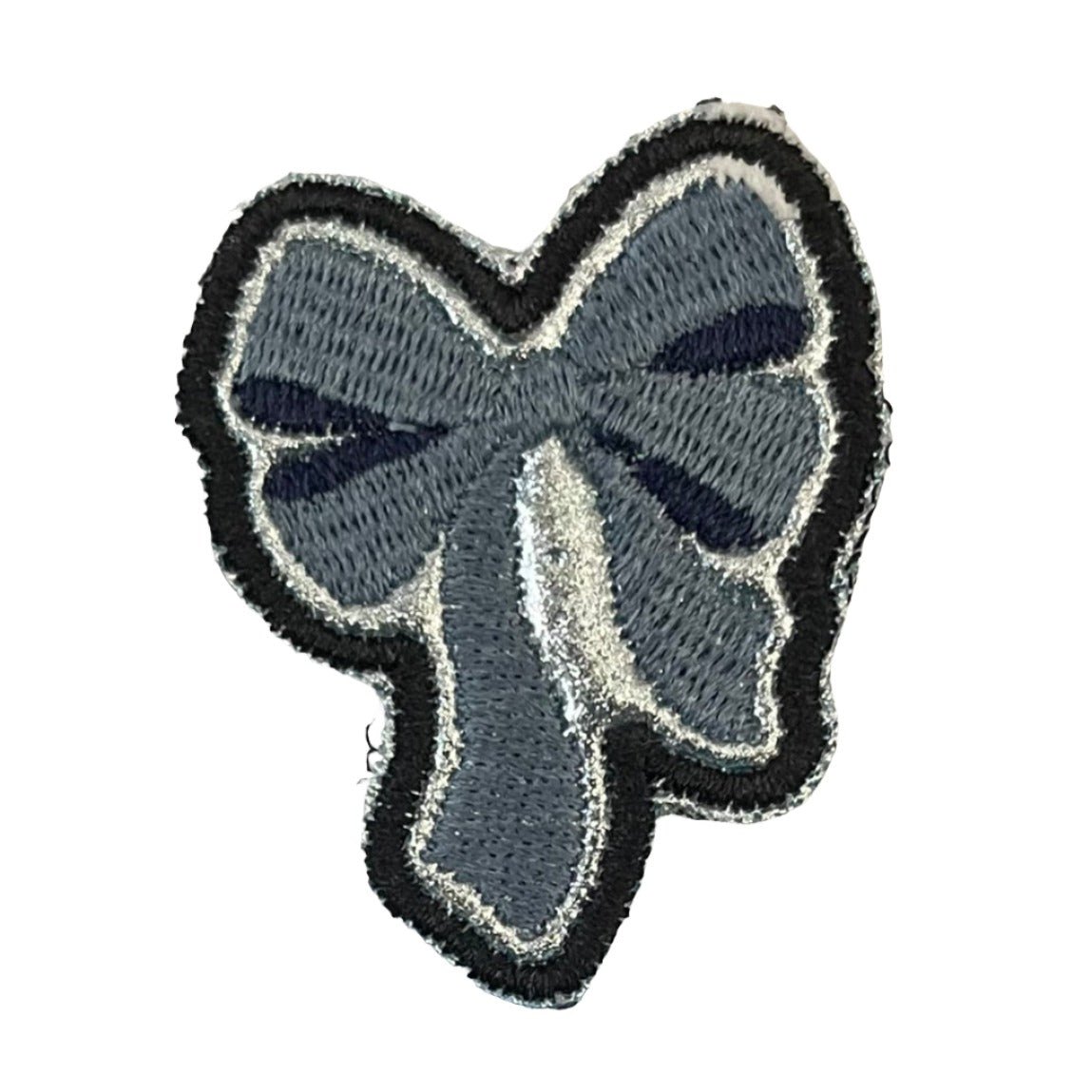 Elegant navy blue bow patch, embroidered iron-on accessory.