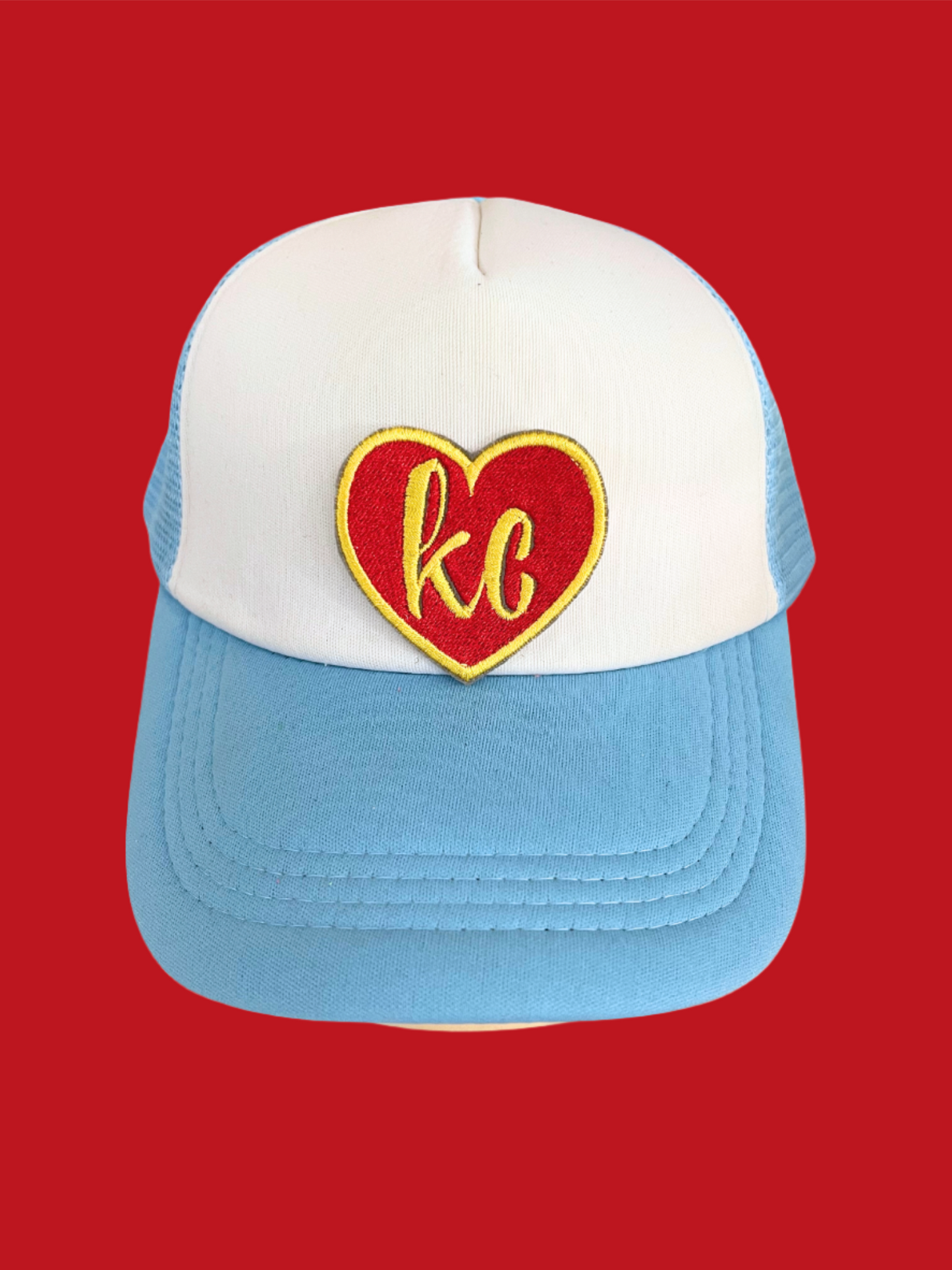 Handmade KC Heart patch in Kansas City Chiefs colors with intricate embroidery.