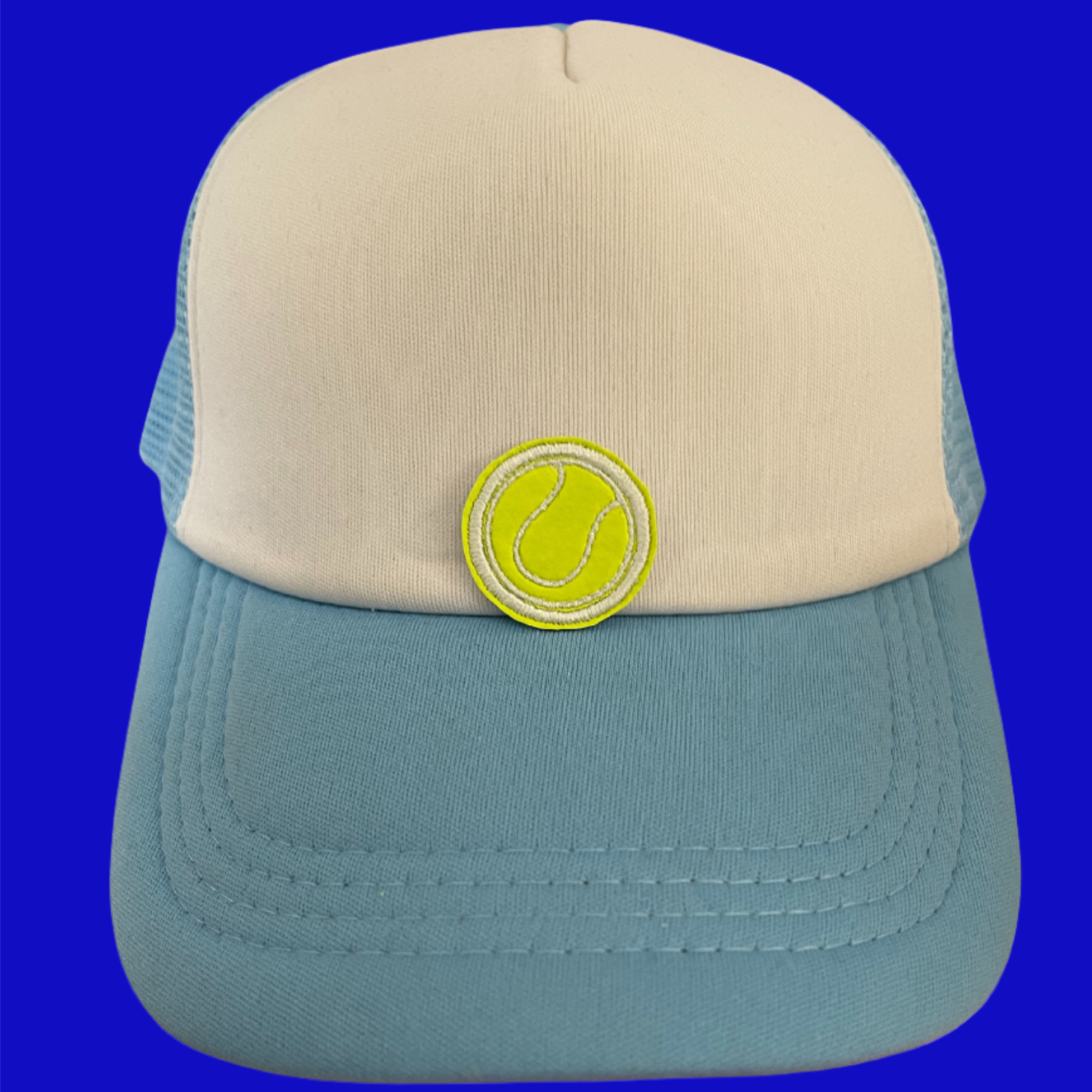 Tennis ball iron-on patch in bright yellow embroidery, perfect for adding a sporty touch to your clothing or accessories, and ideal for customization.