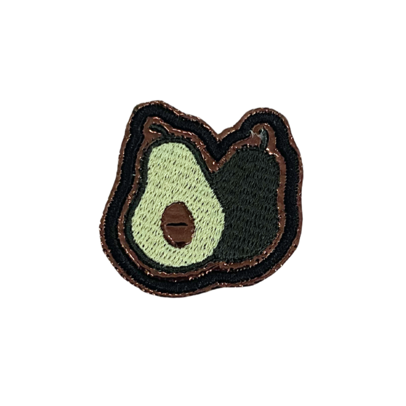 Custom embroidered patch featuring a split avocado, perfect for personalizing hats and apparel.