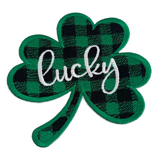 Handmade Lucky Shamrock patch with green plaid design and white script embroidery.
